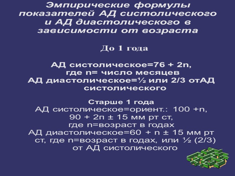 Эмпирические формулы показателей АД систолического и АД диастолического в зависимости от возраста  